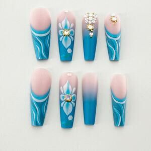 Ocean Blue 3D Beach Nails, Press On Nails Flower, 3D Rhinestone Mermaid Nail Set